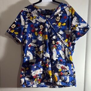 Disney Mickey Mouse Star Print Scrub Top Red White Blue 4th of July, Size L
